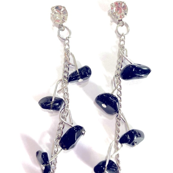 Drop Earrings Black Semi Precious Stones Silver Tone Rhinestone - Picture 4 of 4